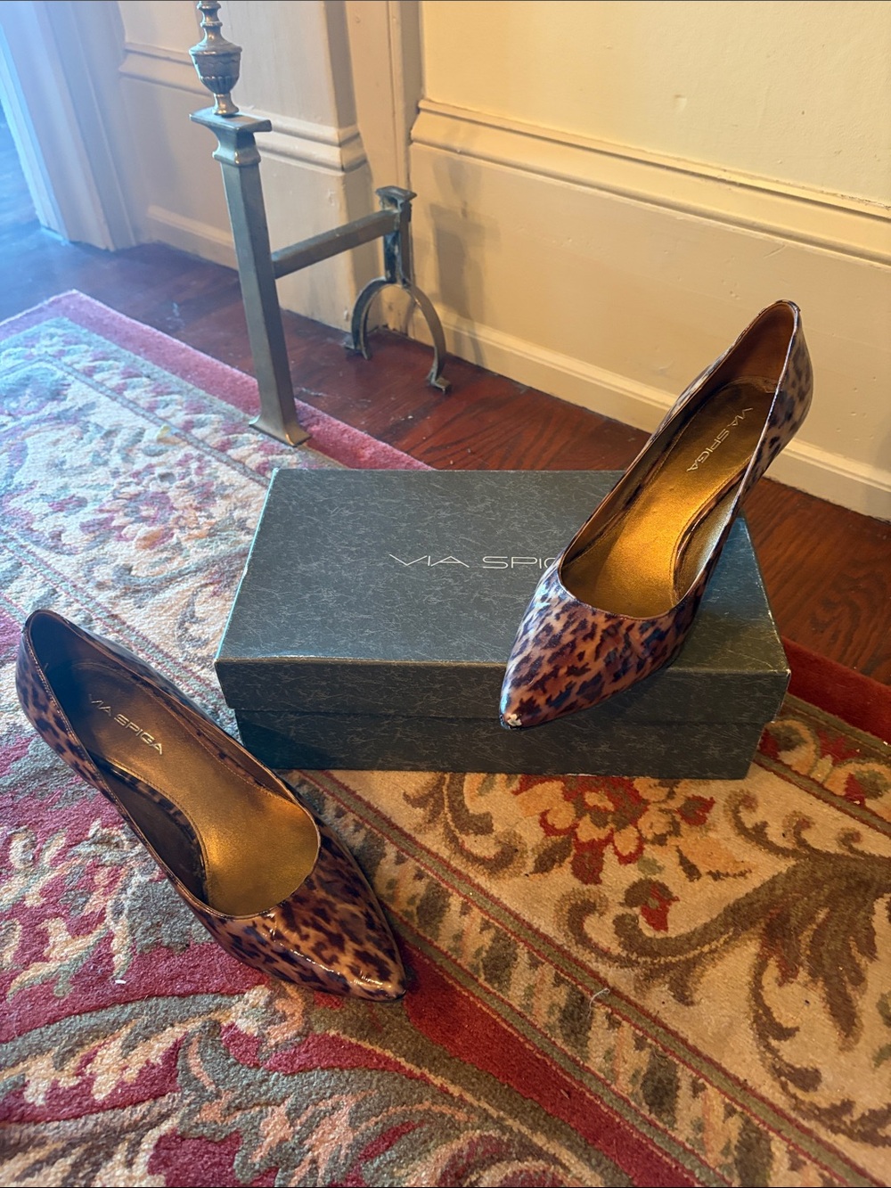 Via Spiga Leopard-Print Pointed Toe Pumps in Brown and Black patent. 3” heel